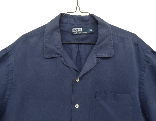 画像: 90'S RALPH LAUREN 裾ロゴ シルク/リネン 半袖 オープンカラーシャツ ネイビー (VINTAGE)