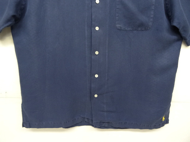 画像: 90'S RALPH LAUREN 裾ロゴ シルク/リネン 半袖 オープンカラーシャツ ネイビー (VINTAGE)