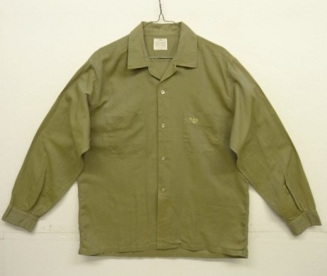 画像1: 60'S CLASSIC CASUALS コットン/ジャガード 長袖 オープンカラーシャツ カーキ/刺繍 (VINTAGE)