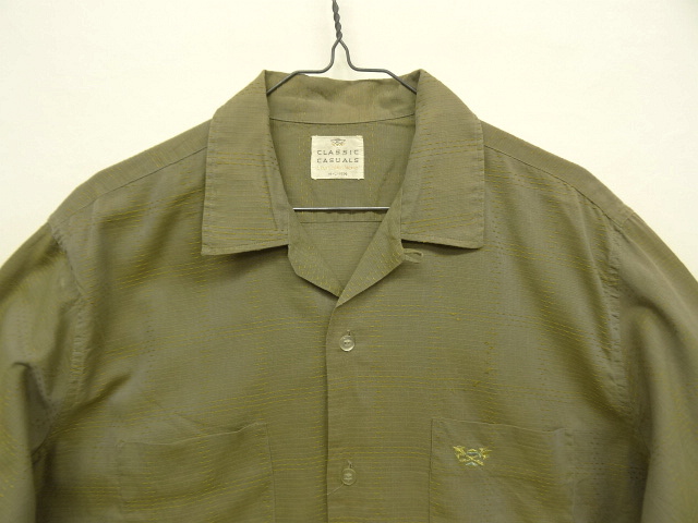 画像: 60'S CLASSIC CASUALS コットン/ジャガード 長袖 オープンカラーシャツ カーキ/刺繍 (VINTAGE)