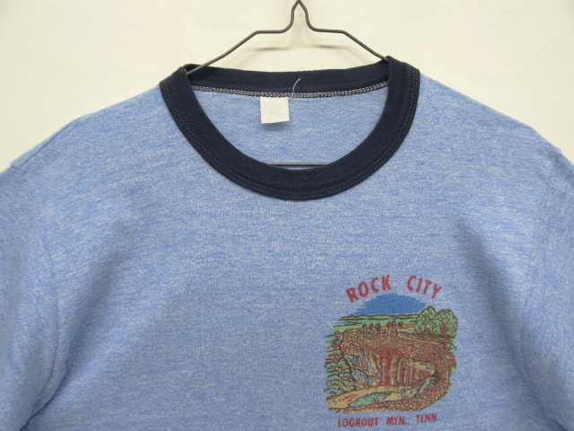 画像: 70'S UNKNOWN シングルステッチ 染み込みプリント 半袖 リンガーTシャツ ブルーヘザー (VINTAGE)