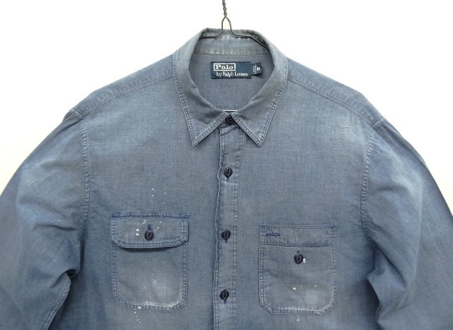 画像: 90'S RALPH LAUREN チンスト付き メタル猫目ボタン シャンブレー ワークシャツ ブルー (VINTAGE)