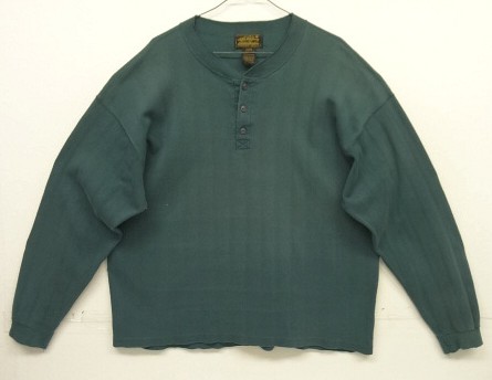 画像1: 90'S EDDIE BAUER 黒タグ シングルステッチ 針抜きリブ 猫目ボタン ヘンリーネック 長袖 Tシャツ ダークグリーン USA製 (VINTAGE)