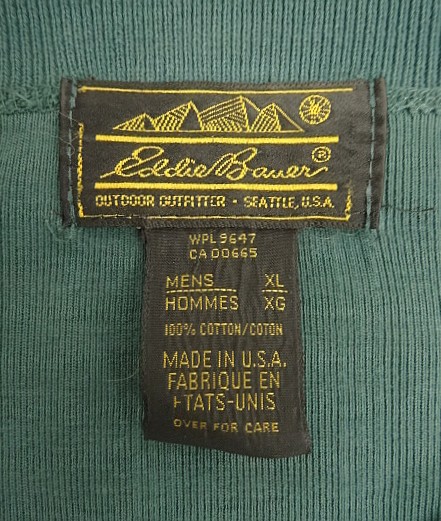 画像2: 90'S EDDIE BAUER 黒タグ シングルステッチ 針抜きリブ 猫目ボタン ヘンリーネック 長袖 Tシャツ ダークグリーン USA製 (VINTAGE)