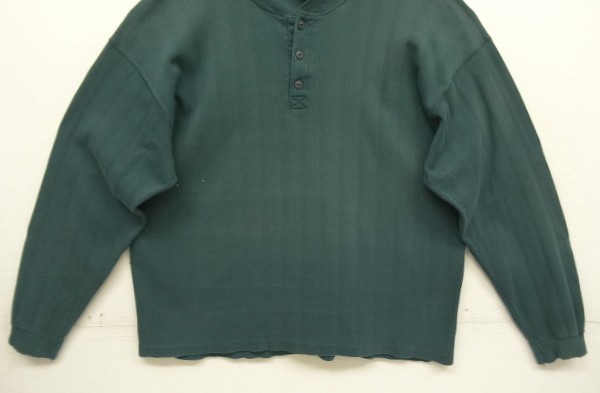 画像: 90'S EDDIE BAUER 黒タグ シングルステッチ 針抜きリブ 猫目ボタン ヘンリーネック 長袖 Tシャツ ダークグリーン USA製 (VINTAGE)