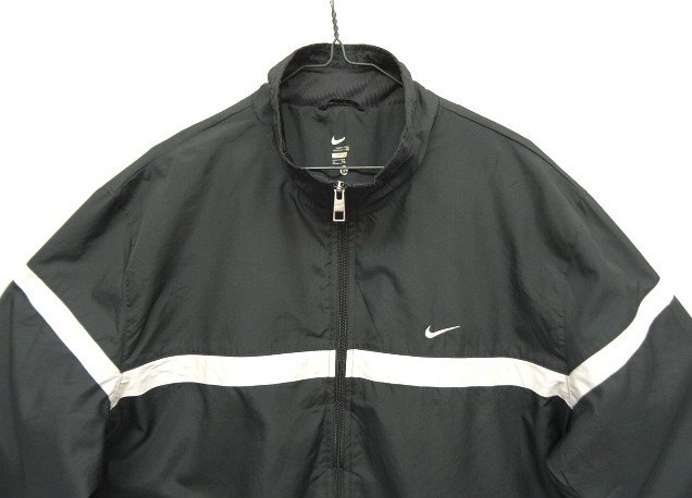 画像: 00'S NIKE 胸ロゴ 裏地メッシュ  ライン入り ナイロンジャケット チャコール/ホワイト  (VINTAGE)