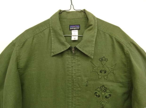 画像: 04'S PATAGONIA "RHYTHM" 刺繍入り ヘンプ 長袖 フルジップシャツ オリーブ (VINTAGE)