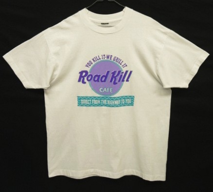 画像1: 90'S ROAD KILL CAFE シングルステッチ 両面プリント 半袖 Tシャツ ホワイト USA製 (VINTAGE)