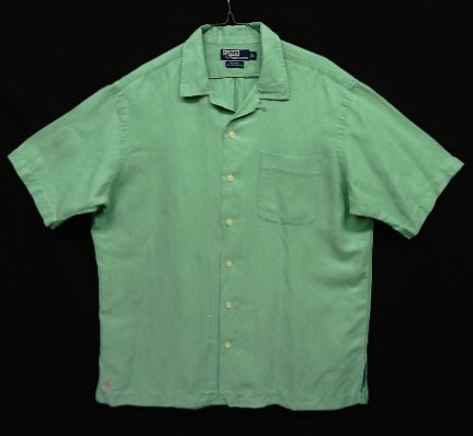 画像1: 90'S RALPH LAUREN "CALDWELL" シルク/リネン 裾ロゴ 半袖 オープンカラーシャツ ミントグリーン (VINTAGE)
