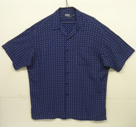 画像1: 90'S RALPH LAUREN "CLAYTON" レーヨン 半袖 オープンカラーシャツ ネイビー/ホワイト小紋柄 (VINTAGE)