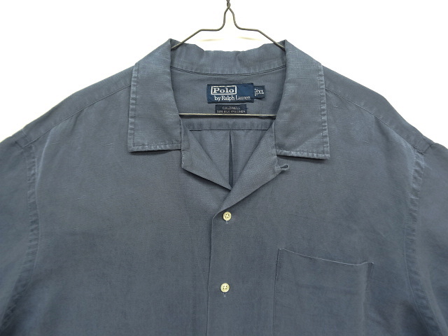 画像: 90'S RALPH LAUREN "CALDWELL" シルク/リネン 裾ロゴ 半袖 オープンカラーシャツ ブルー (VINTAGE)