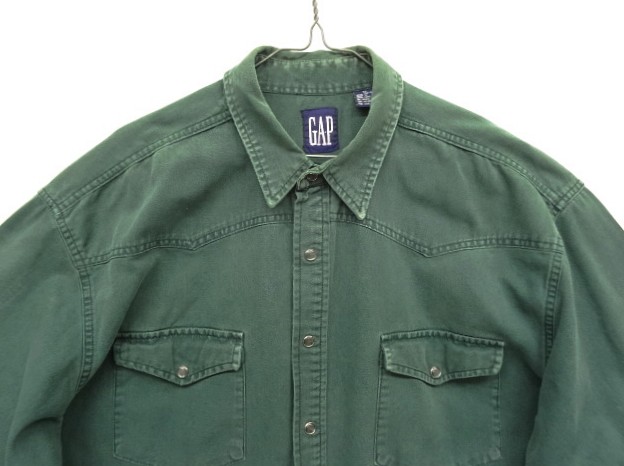 画像: 90'S GAP 旧タグ ツイル 長袖 ウエスタンシャツ ダークグリーン (VINTAGE)