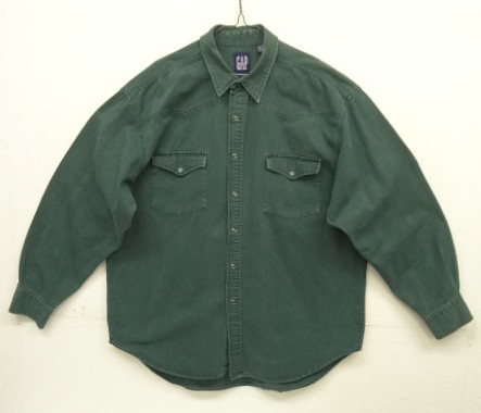 画像1: 90'S GAP 旧タグ ツイル 長袖 ウエスタンシャツ ダークグリーン (VINTAGE)