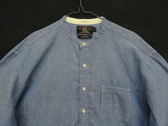 画像: 90'S RRL 初期 三ツ星タグ シャンブレー マチ付き バンドカラーシャツ ブルー (VINTAGE)