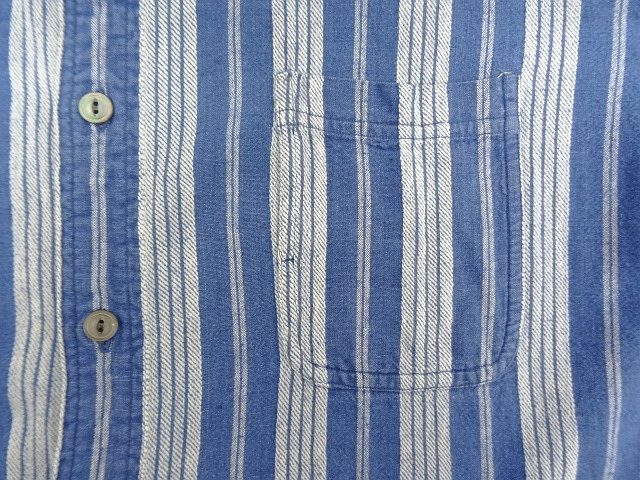 画像: 90'S RRL 初期 三ツ星タグ コットン/リネン マチ付き バンドカラーシャツ インディゴストライプ (VINTAGE)