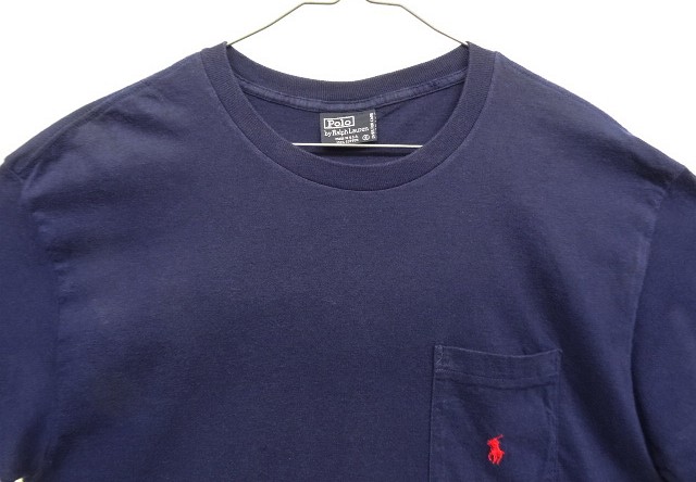 画像: 90'S RALPH LAUREN シングルステッチ 耳付きポケット 半袖 Tシャツ ネイビー USA製 (VINTAGE)