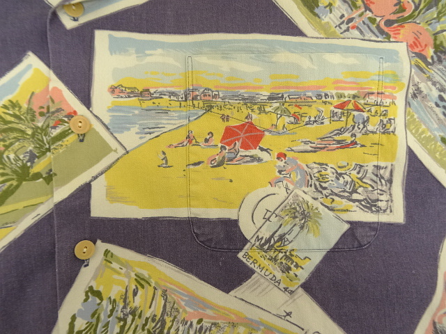 画像: 90'S RALPH LAUREN コットン 半袖 オープンカラーシャツ ネイビー/ポストカード柄 (VINTAGE)
