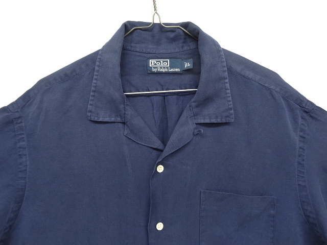 画像: 90'S RALPH LAUREN シルク/リネン 裾ロゴ 半袖 オープンカラーシャツ ネイビー (VINTAGE)