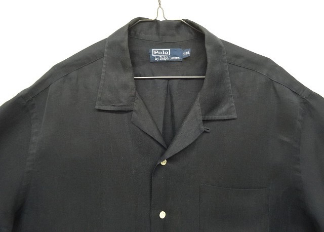 画像: 90'S RALPH LAUREN シルク/リネン 裾ロゴ 半袖 オープンカラーシャツ ブラック (VINTAGE)