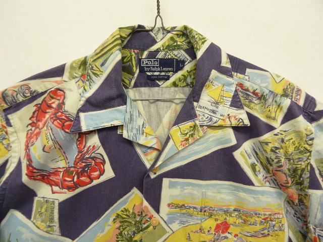 画像: 90'S RALPH LAUREN コットン 半袖 オープンカラーシャツ ネイビー/ポストカード柄 (VINTAGE)