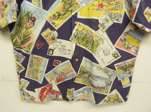 画像: 90'S RALPH LAUREN コットン 半袖 オープンカラーシャツ ネイビー/ポストカード柄 (VINTAGE)