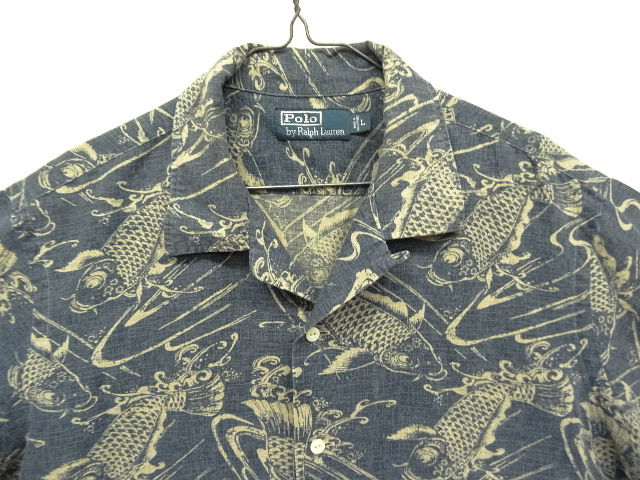 画像: 90'S RALPH LAUREN リネン/コットン 半袖 オープンカラーシャツ インディゴ/鯉柄 (VINTAGE)