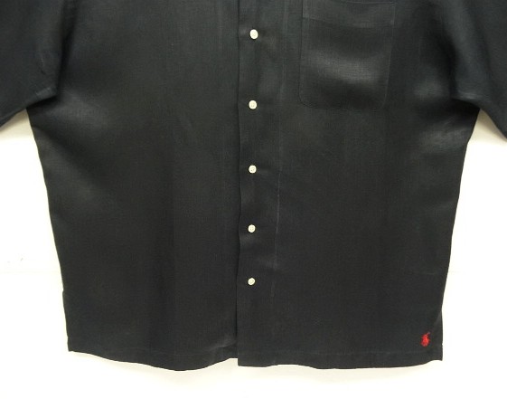 画像: 90'S RALPH LAUREN シルク/リネン 裾ロゴ 半袖 オープンカラーシャツ ブラック (VINTAGE)
