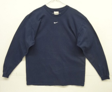 画像1: 00'S NIKE 銀タグ SWOOSHセンターロゴ刺繍 長袖 Tシャツ ネイビー (VINTAGE)