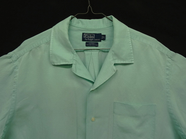 画像: 90'S RALPH LAUREN "CALDWELL" シルク/リネン 裾ロゴ 半袖 オープンカラーシャツ ミントグリーン (VINTAGE)