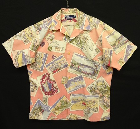 画像1: 90'S RALPH LAUREN コットン 半袖 オープンカラーシャツ ピンク/ポストカード柄 (VINTAGE)