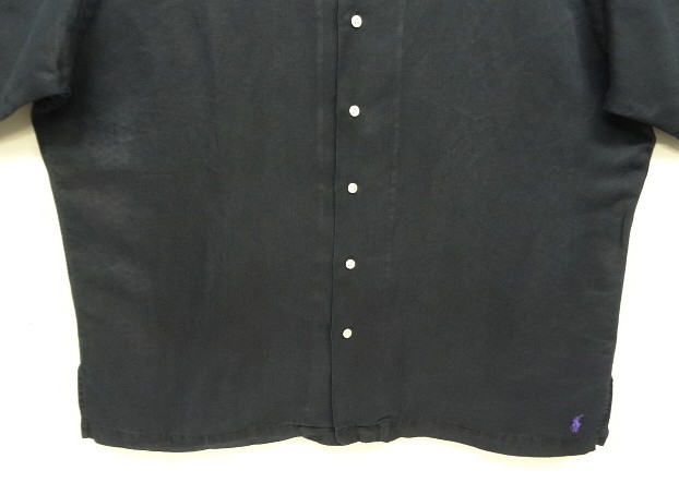 画像: 90'S RALPH LAUREN シルク/リネン 裾ロゴ 半袖 オープンカラーシャツ ブラック (VINTAGE)