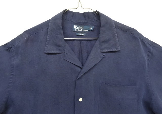 画像: 90'S RALPH LAUREN "CALDWELL" シルク/リネン 裾ロゴ 半袖 オープンカラーシャツ ネイビー (VINTAGE)
