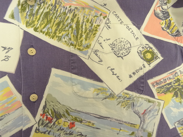 画像: 90'S RALPH LAUREN コットン 半袖 オープンカラーシャツ ネイビー/ポストカード柄 (VINTAGE)