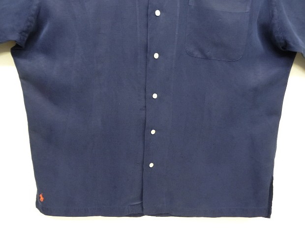 画像: 90'S RALPH LAUREN "CALDWELL" シルク/リネン 裾ロゴ 半袖 オープンカラーシャツ ネイビー (VINTAGE)