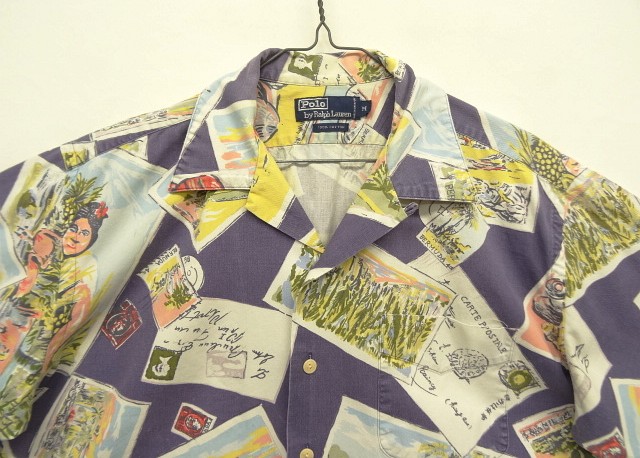画像: 90'S RALPH LAUREN コットン 半袖 オープンカラーシャツ ネイビー/ポストカード柄 (VINTAGE)