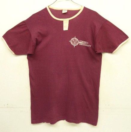 画像1: 70'S CHAMPION "CORNELL UNIVERSITY" バータグ シングルステッチ 半袖 リンガー Tシャツ バーガンディ USA製 (VINTAGE)