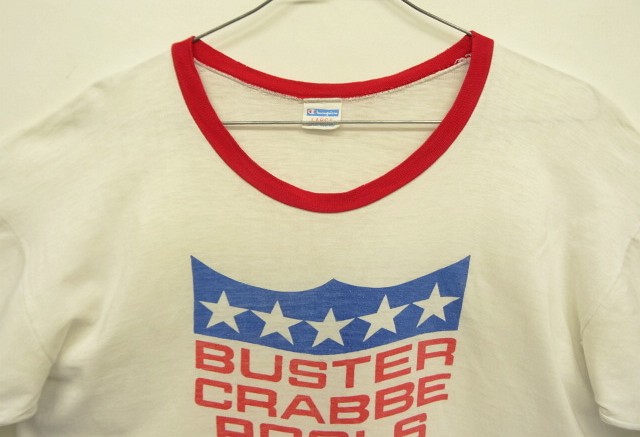 画像: 70'S CHAMPION バータグ シングルステッチ 染み込みプリント 半袖 リンガー Tシャツ ホワイト USA製 (VINTAGE)