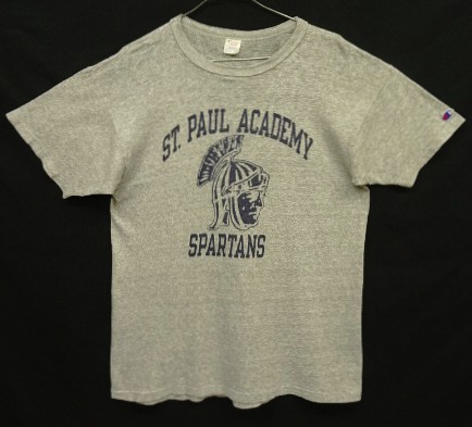 画像1: 80'S CHAMPION "SPARTANS" トリコタグ 88/12 染み込み三段プリント シングルステッチ 半袖 Tシャツ ヘザーグレー USA製 (VINTAGE)