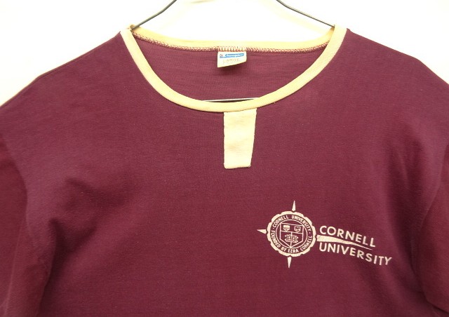 画像: 70'S CHAMPION "CORNELL UNIVERSITY" バータグ シングルステッチ 半袖 リンガー Tシャツ バーガンディ USA製 (VINTAGE)