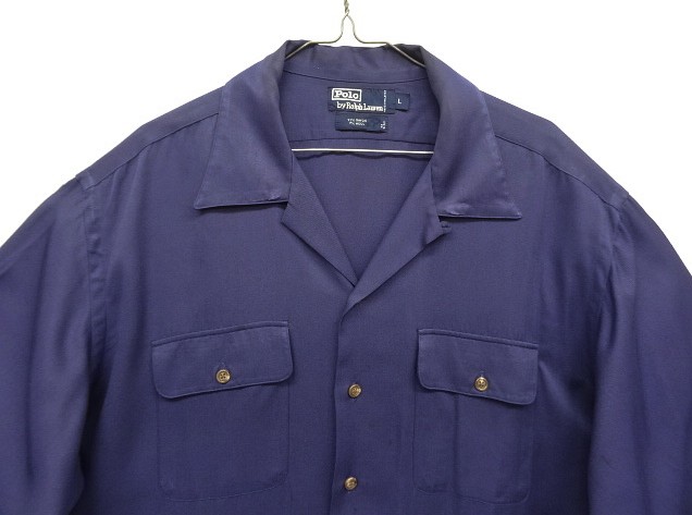 画像: 90'S RALPH LAUREN レーヨン/ウール 長袖 オープンカラーシャツ ネイビー (VINTAGE)