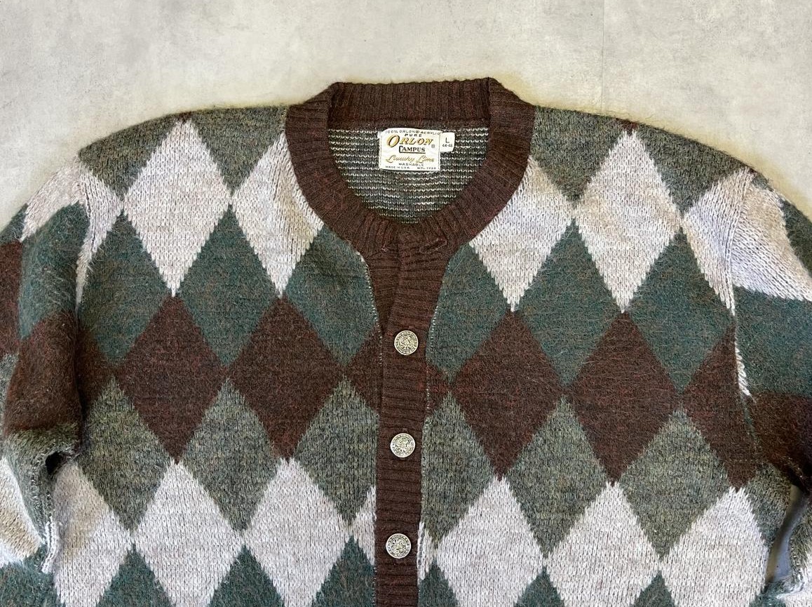 画像: 60'S CAMPUS メタルボタン オーロン ニットカーディガン アーガイル柄 USA製 (VINTAGE) 