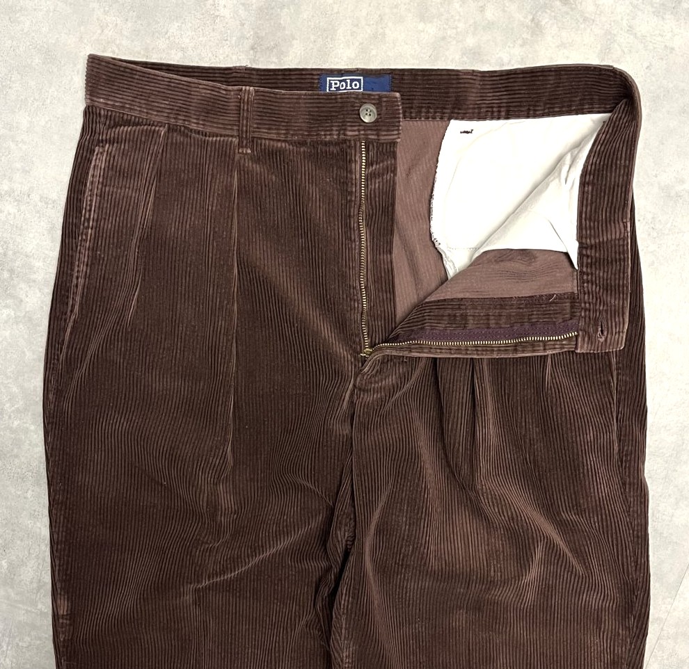 画像: 90'S RALPH LAUREN "ボックスロゴ" ツープリーツ 太畝コーデュロイパンツ ブラウン (VINTAGE)