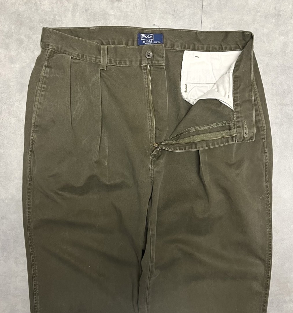 画像: 90'S RALPH LAUREN "ボックスロゴ" ツープリーツ チノパンツ オリーブ USA製 (VINTAGE)