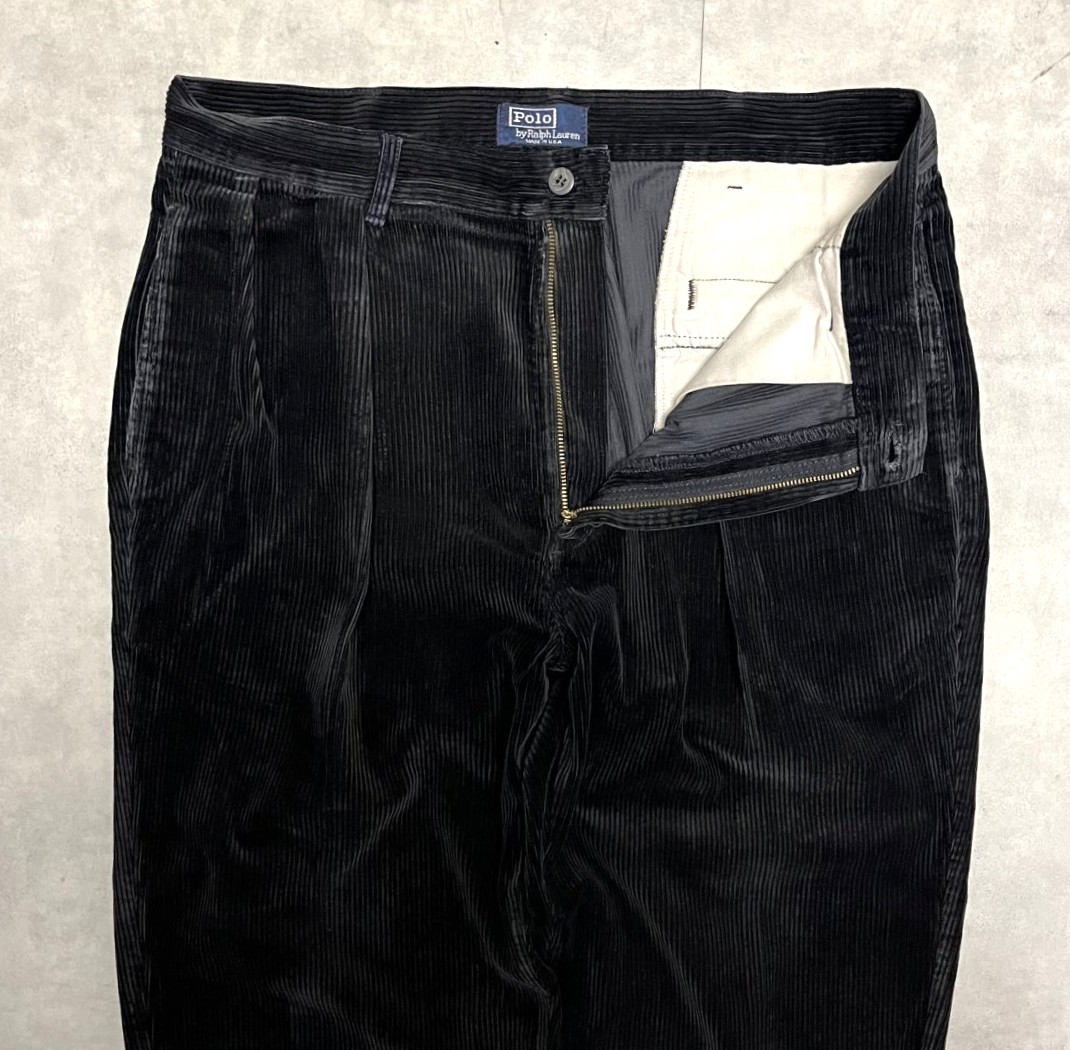 画像: 90'S RALPH LAUREN "ボックスロゴ" ツープリーツ 太畝コーデュロイパンツ ブラック USA製 (VINTAGE)