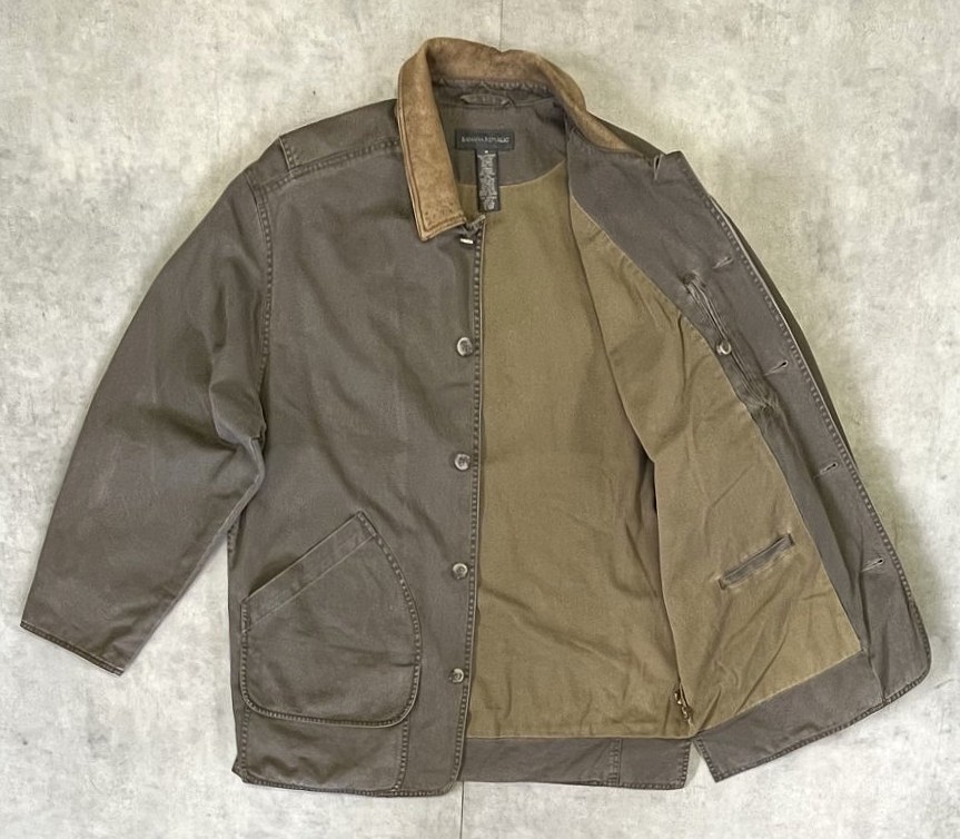 画像3: 00'S BANANA REPUBLIC 旧タグ 襟レザー ハンティングジャケット カーキ (VINTAGE)