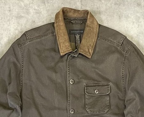 画像: 00'S BANANA REPUBLIC 旧タグ 襟レザー ハンティングジャケット カーキ (VINTAGE)