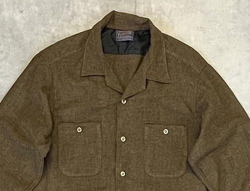 画像: 60'S PENDLETON "BOARD SHIRT" ウール オープンカラーシャツ ダークカーキ USA製 (VINTAGE)