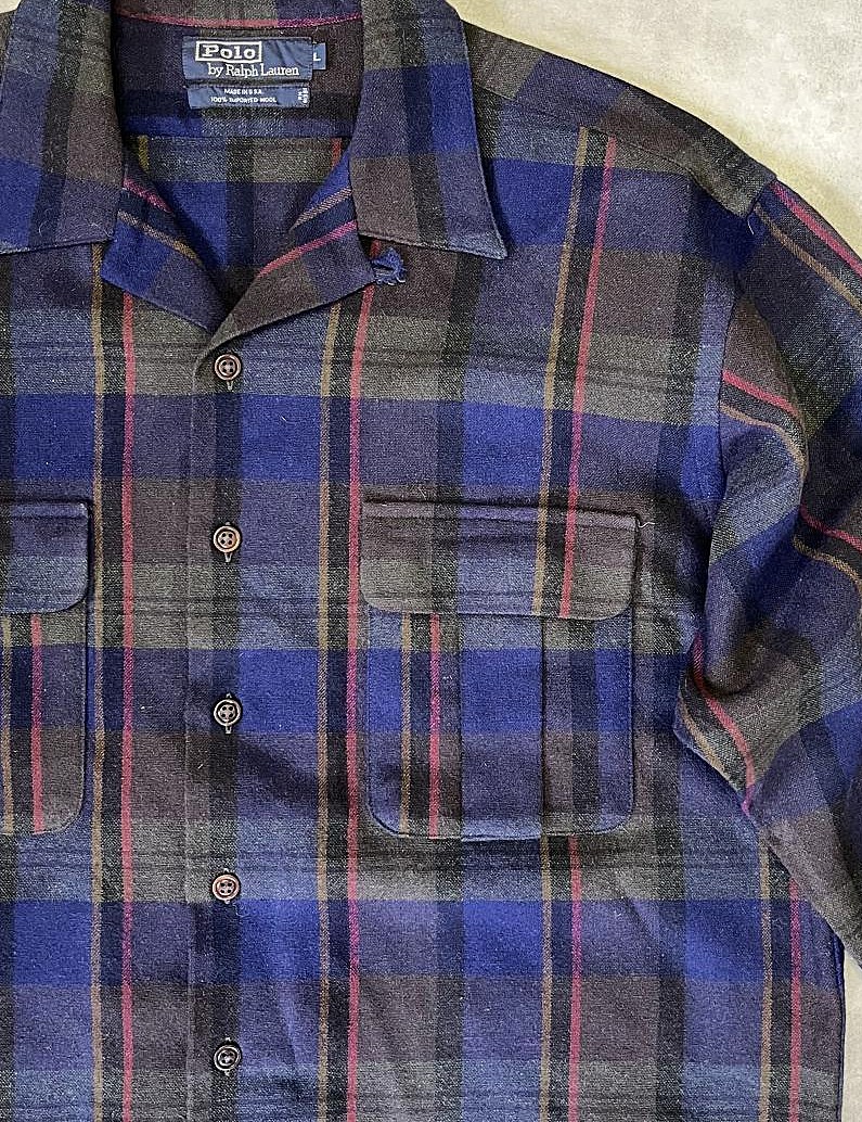 画像: 90'S RALPH LAUREN ウール オープンカラーシャツ チェック柄 USA製 (VINTAGE)