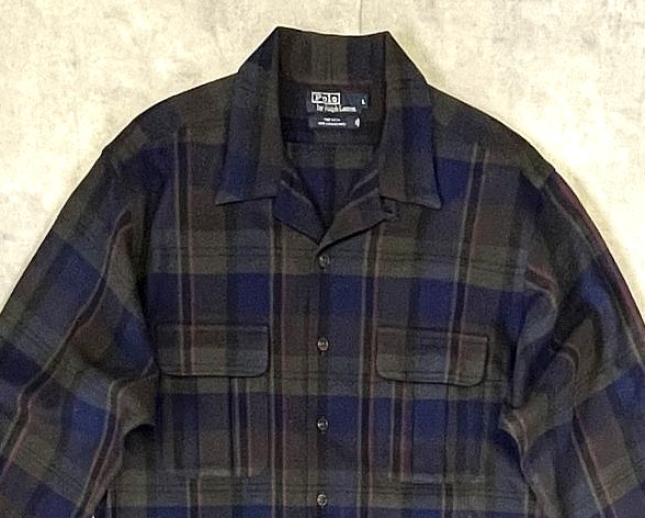 画像: 90'S RALPH LAUREN ウール オープンカラーシャツ チェック柄 USA製 (VINTAGE)