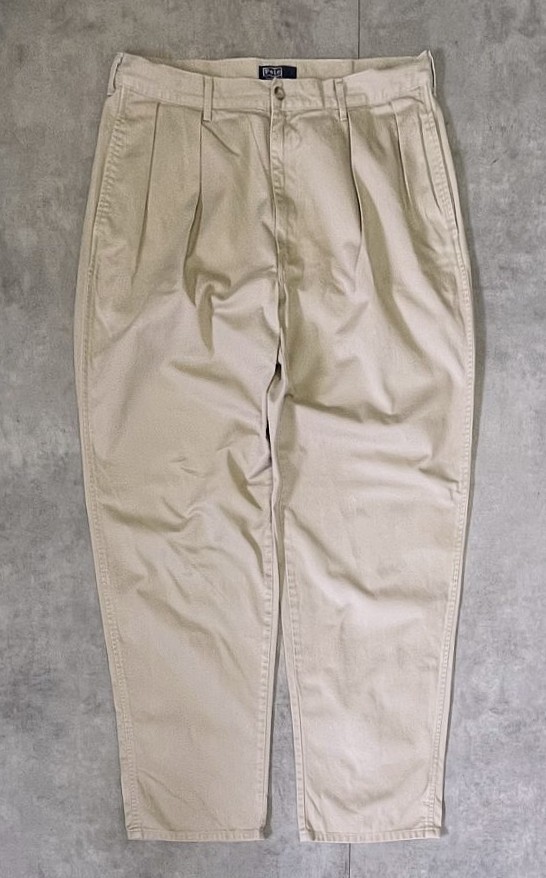 画像1: 90'S RALPH LAUREN "ボックスロゴ" ツープリーツ チノパンツ ベージュ USA製 (VINTAGE)